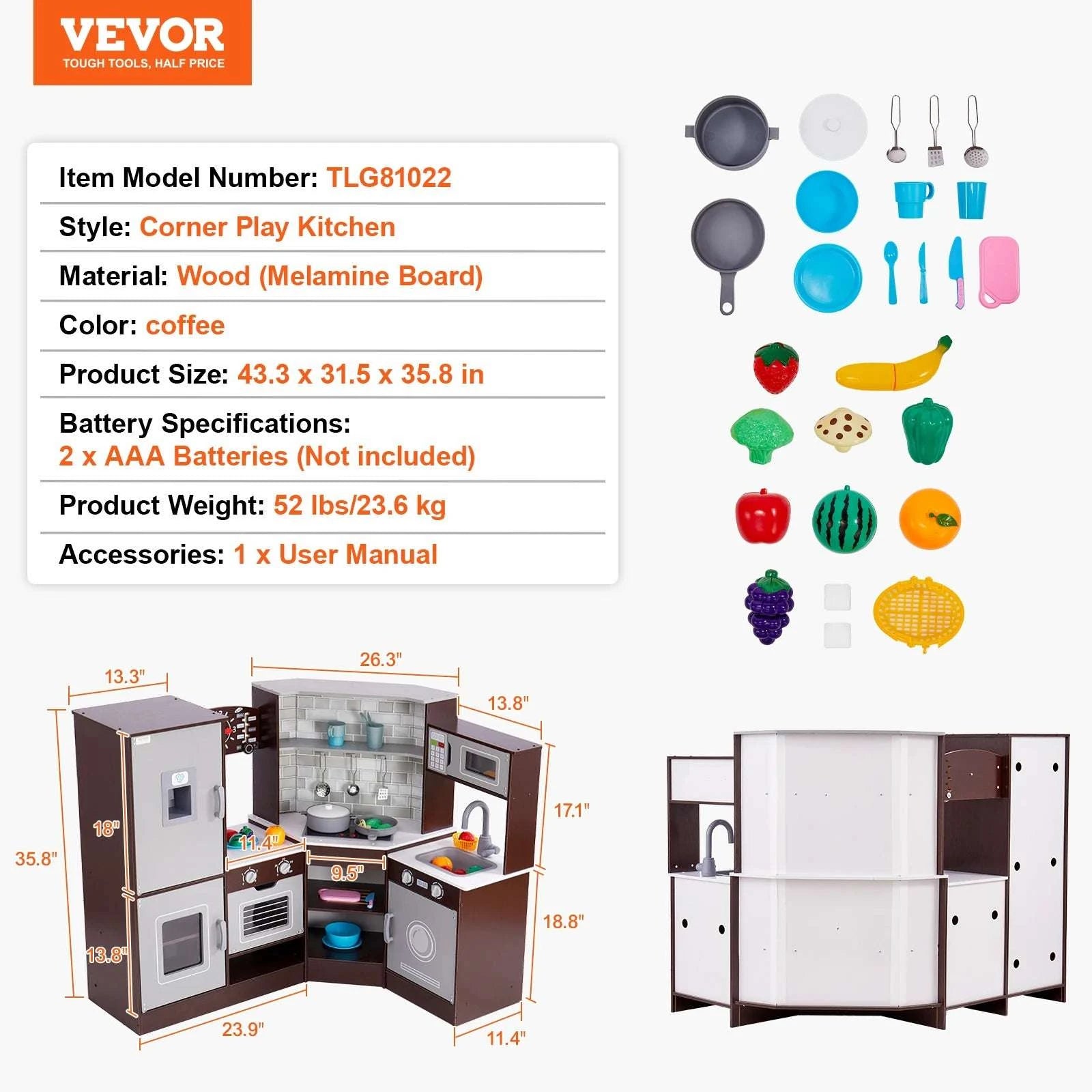 Wooden Kids Kitchen Playset with Lights, Sounds & 24 Accessories-Brown / United States