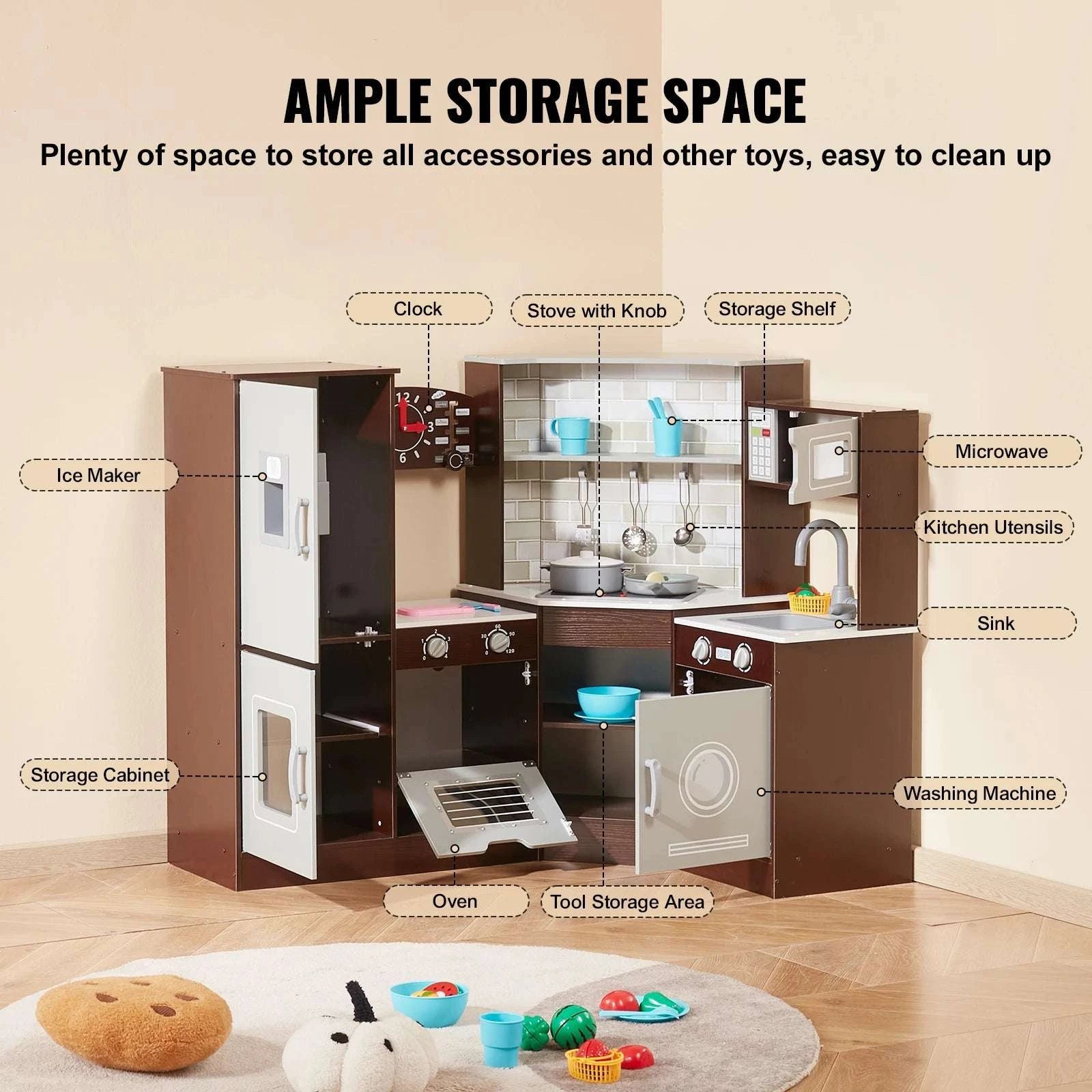 Wooden Kids Kitchen Playset with Lights, Sounds & 24 Accessories-Brown / United States