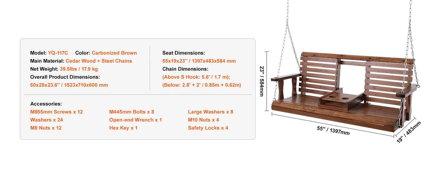 Wooden Porch Swing 5 ft Patio Bench with Steel Chains-brown 5ft / CZECH REPUBLIC