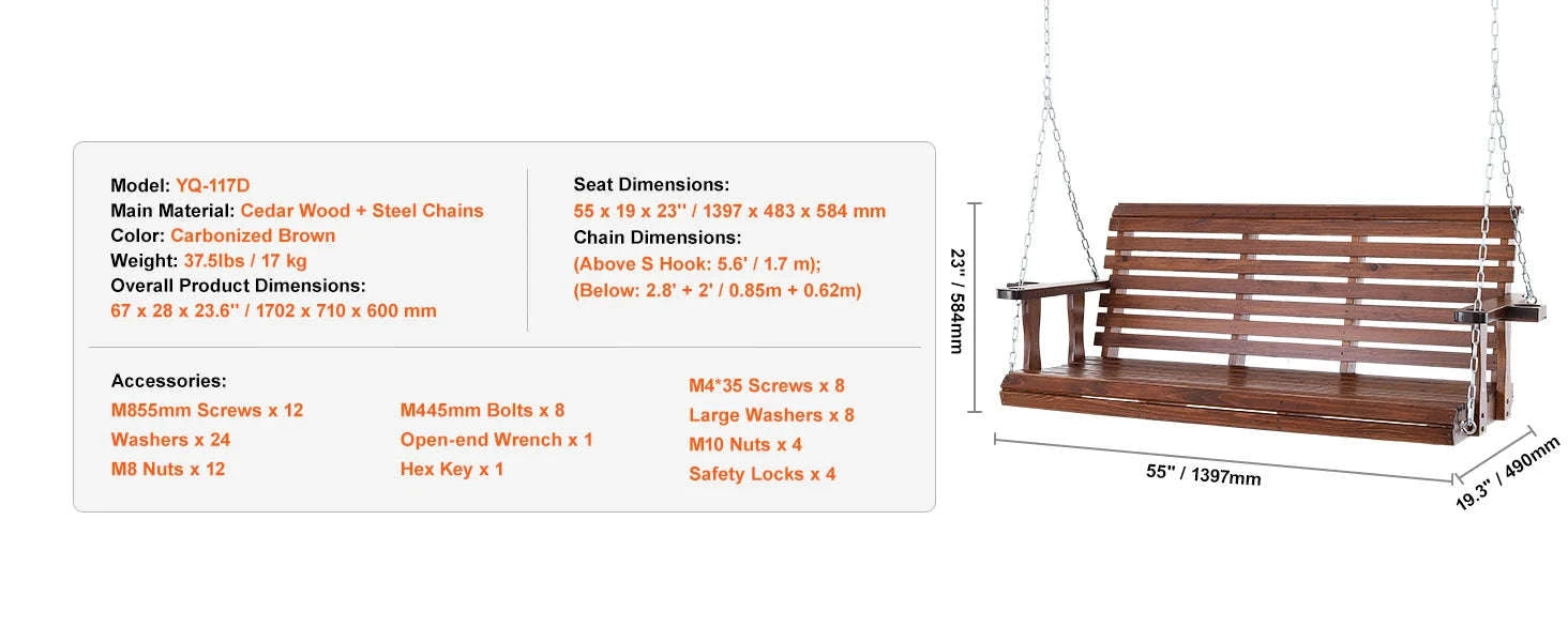 Wooden Porch Swing 5 ft Patio Bench with Steel Chains-brown 5ft / CZECH REPUBLIC