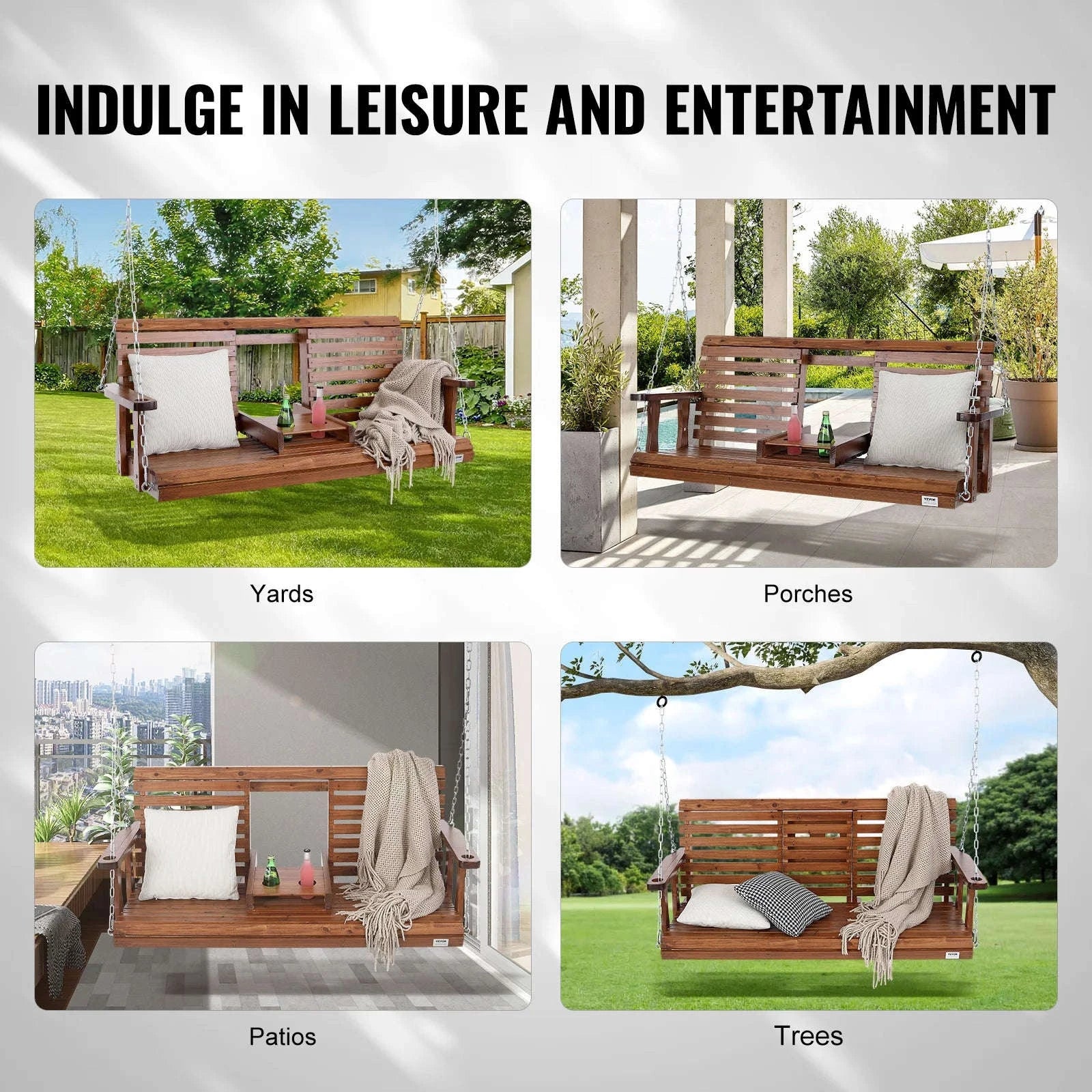 Wooden Porch Swing 5 ft Patio Bench with Steel Chains-brown 5ft / CZECH REPUBLIC