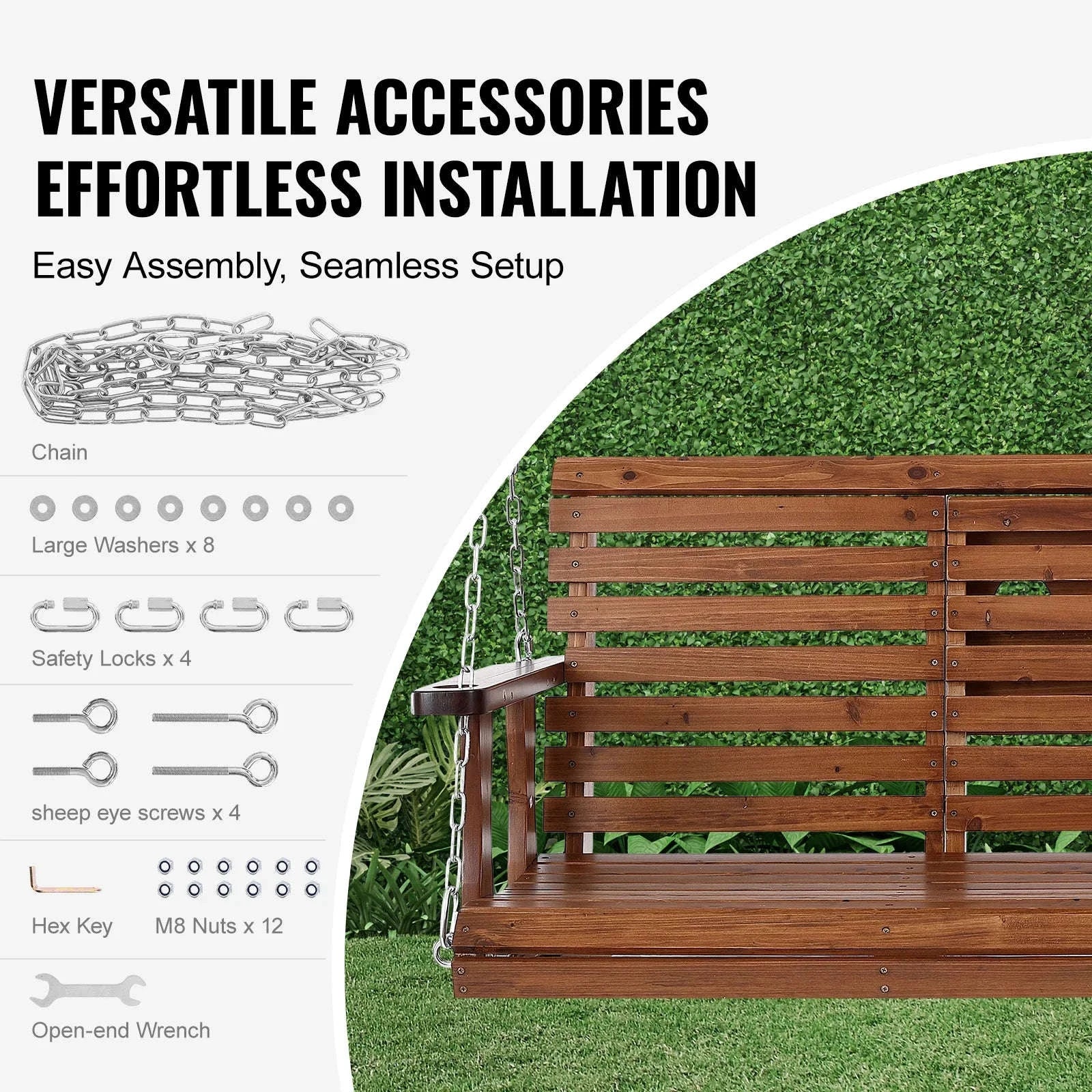 Wooden Porch Swing 5 ft Patio Bench with Steel Chains-brown 5ft / CZECH REPUBLIC