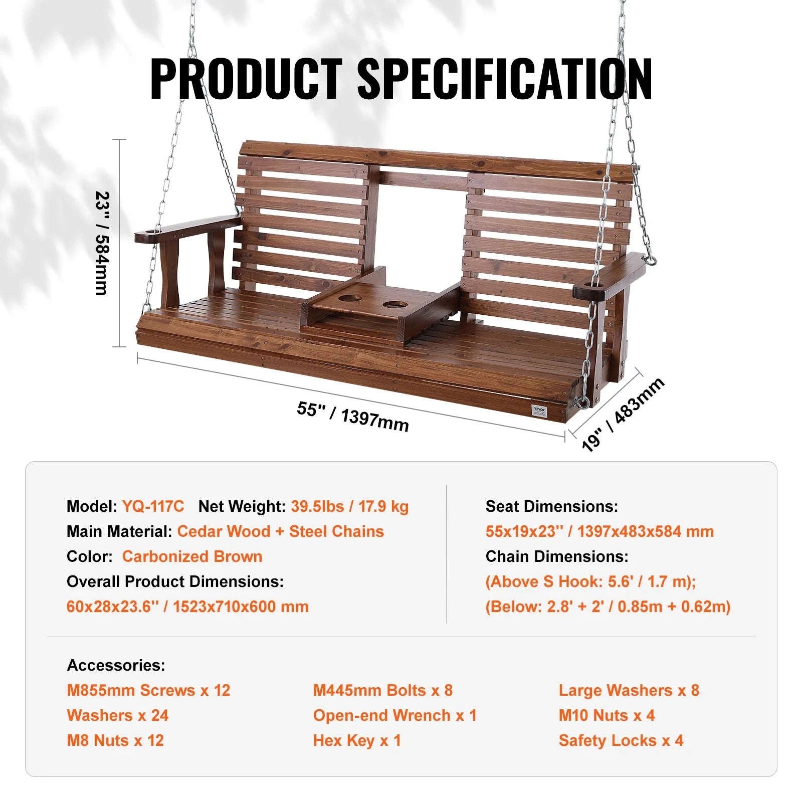 Wooden Porch Swing 5 ft Patio Bench with Steel Chains-brown 5ft / CZECH REPUBLIC
