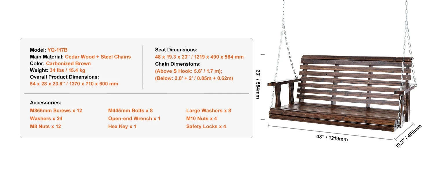 Wooden Porch Swing 5 ft Patio Bench with Steel Chains-brown 5ft / CZECH REPUBLIC