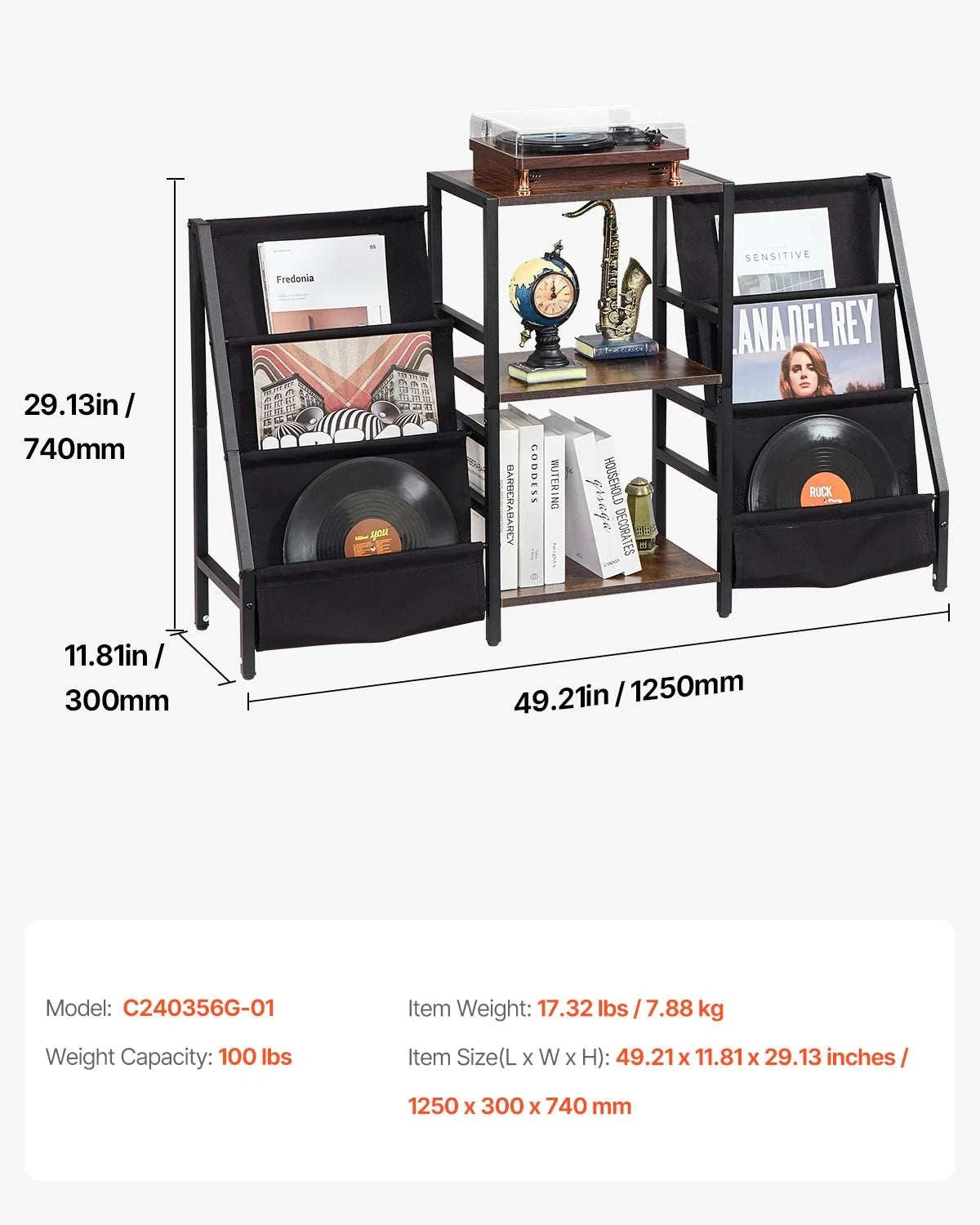 Wooden Record Player Stand with Vinyl Storage and Display Shelf-3 Layers Ironwood / Australia