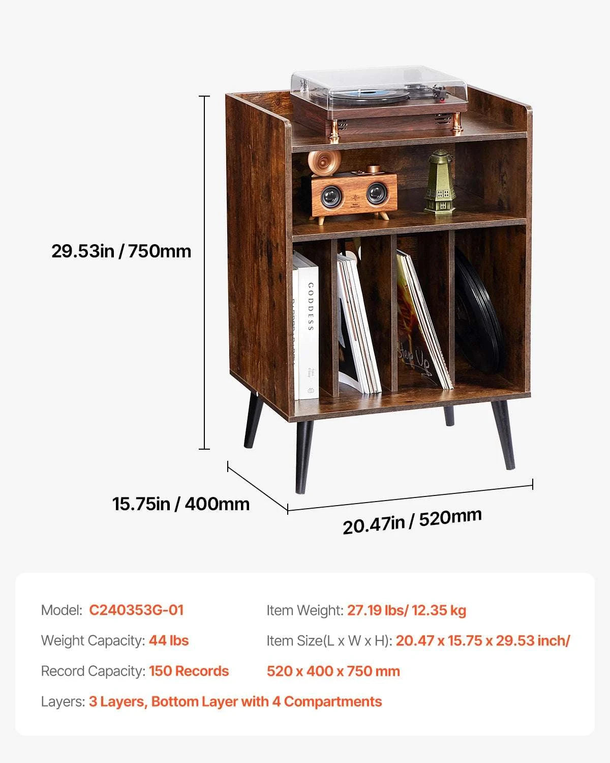 Wooden Record Player Stand with Vinyl Storage and Display Shelf-3 Layers Ironwood / Australia