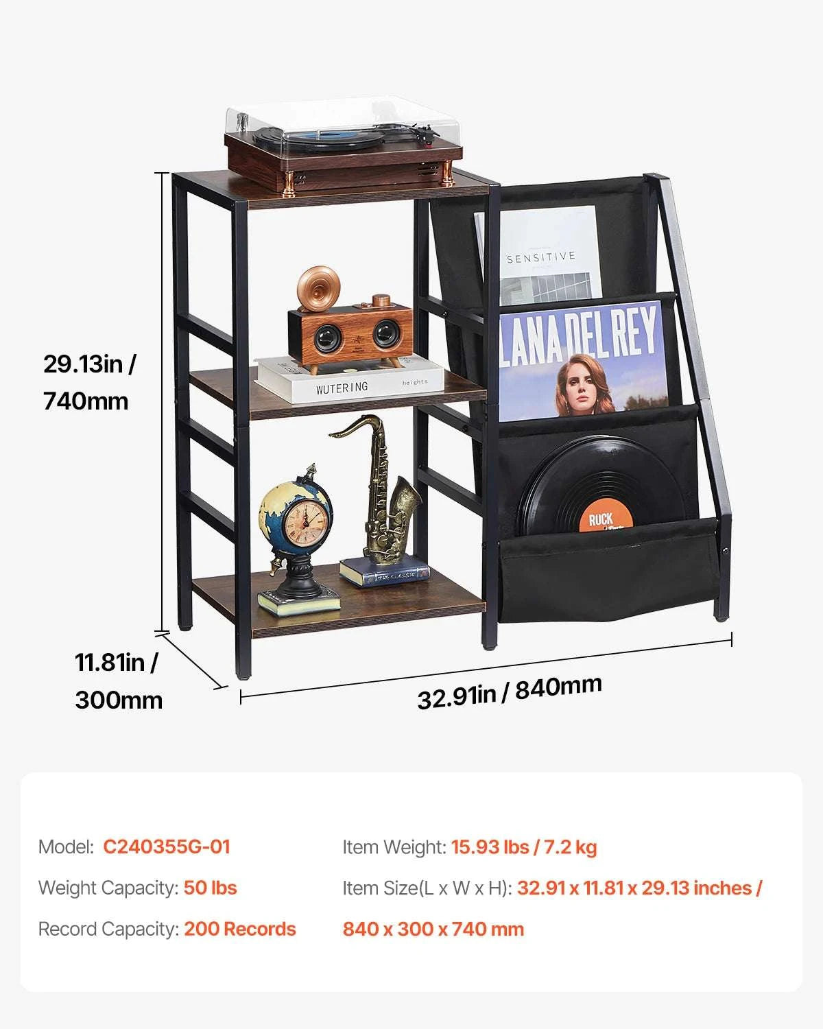Wooden Record Player Stand with Vinyl Storage and Display Shelf-3 Layers Ironwood / Australia