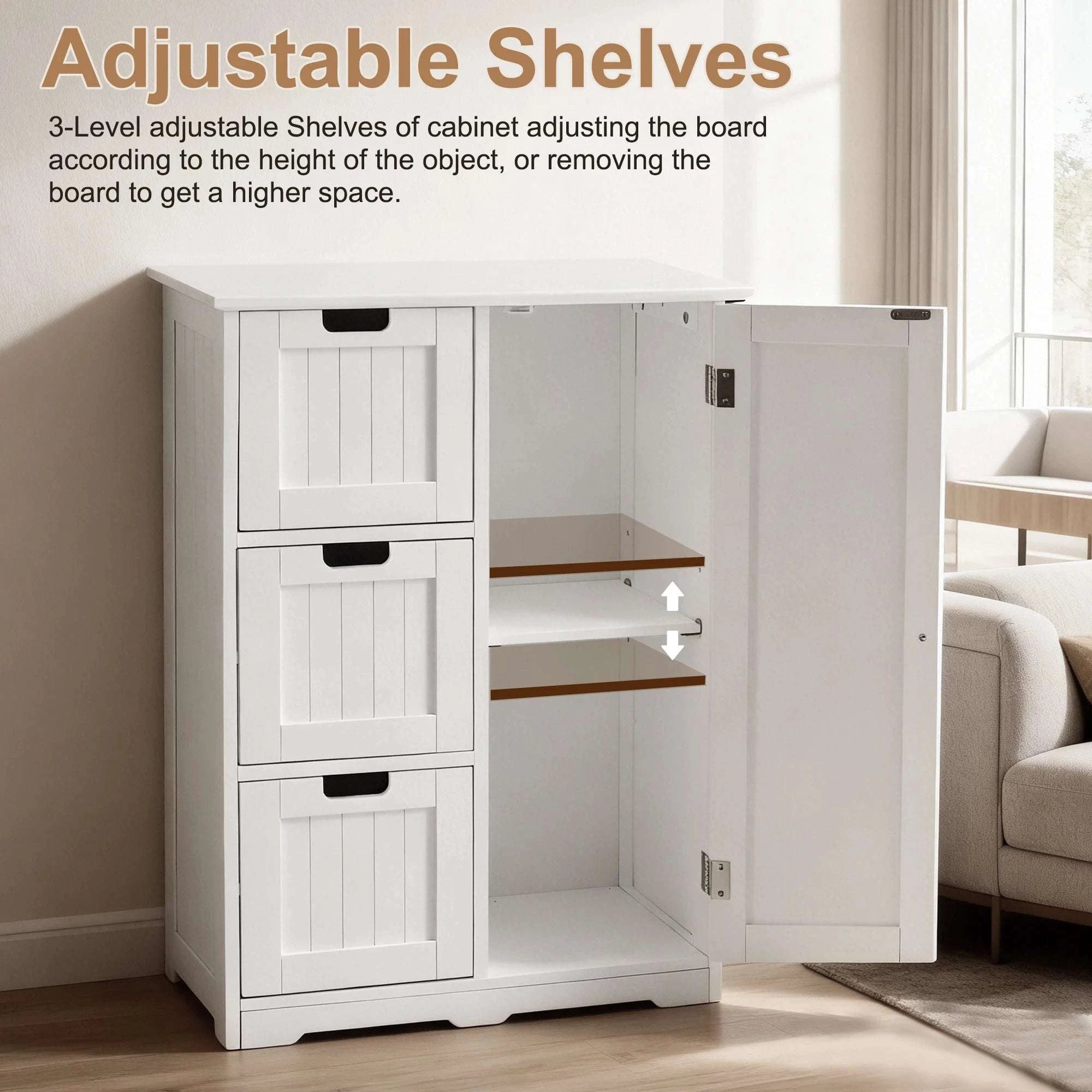 Wooden Storage Cabinet with Drawers and Cupboard for Home Organization-Ivory / United States