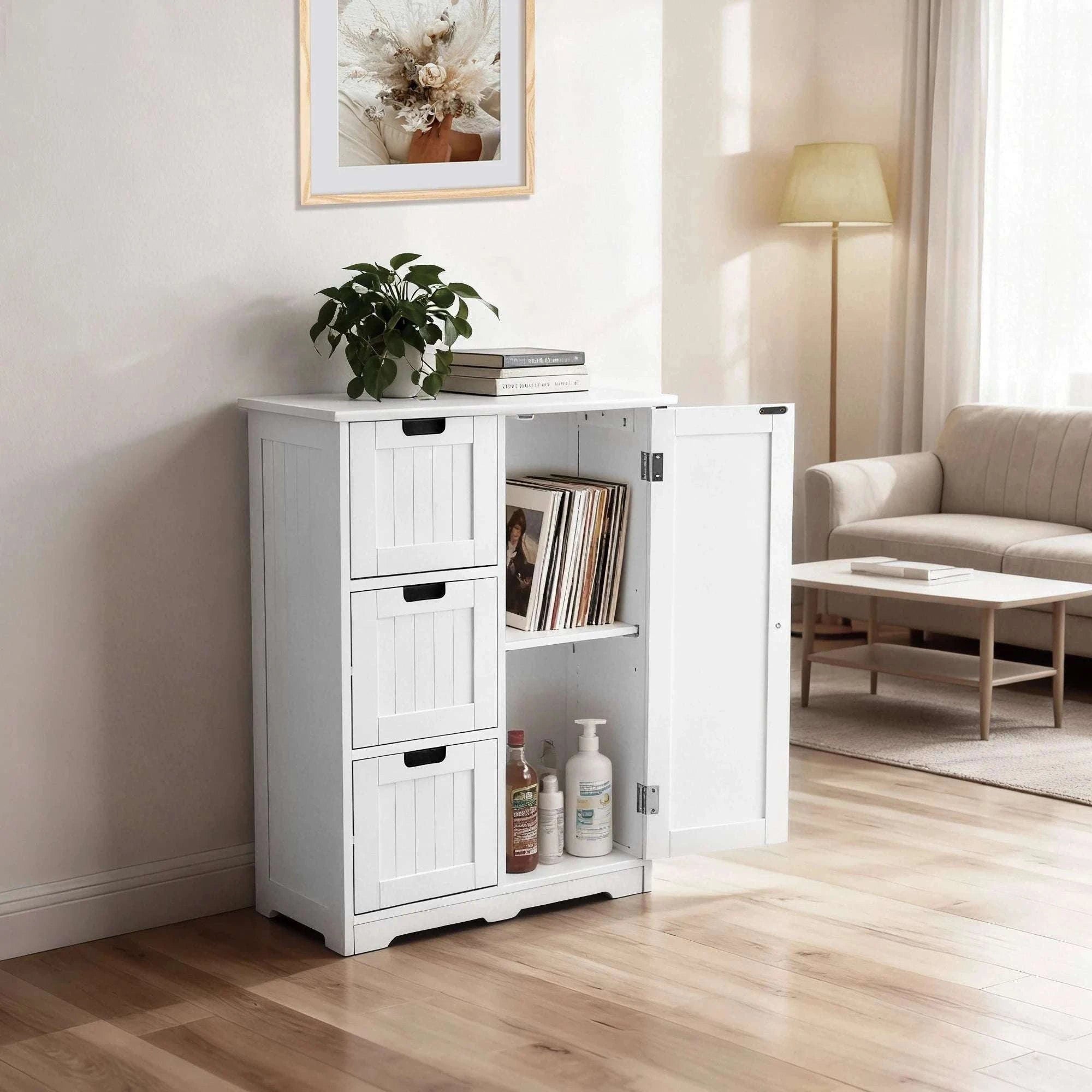 Wooden Storage Cabinet with Drawers and Cupboard for Home Organization-Ivory / United States