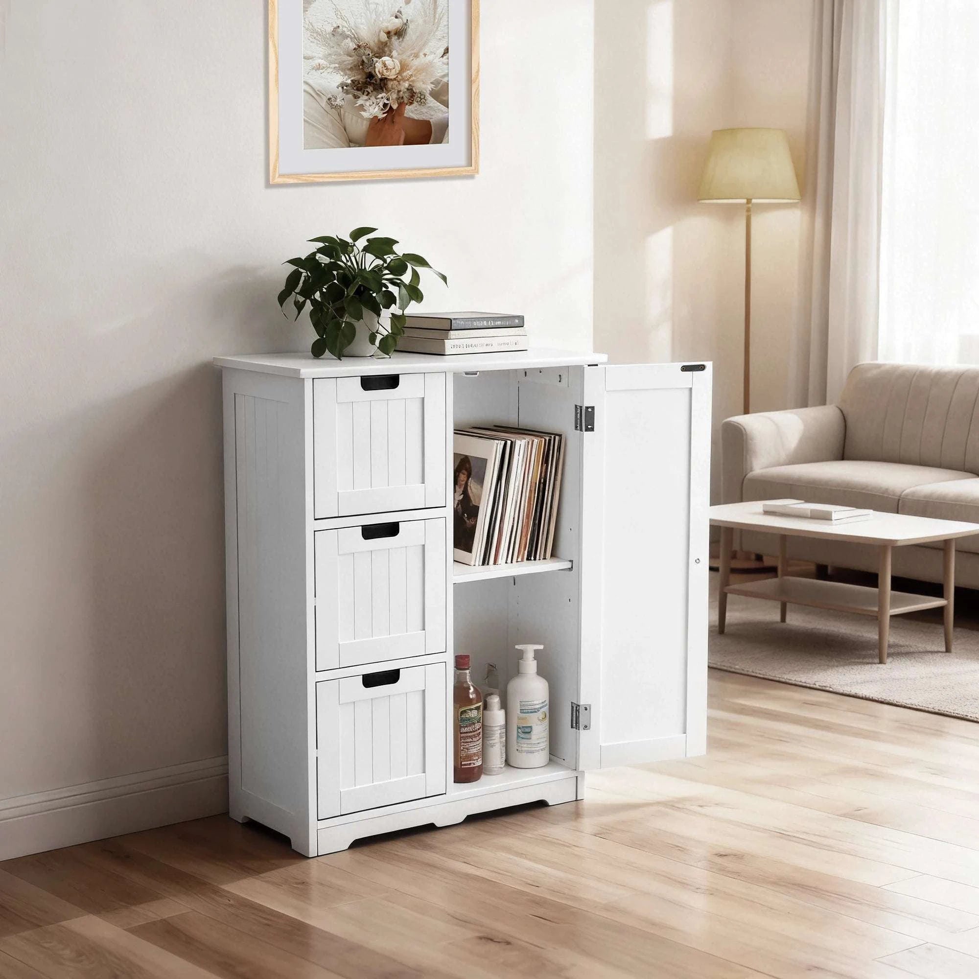 Wooden Storage Cabinet with Drawers and Cupboard for Home Organization-Ivory / United States