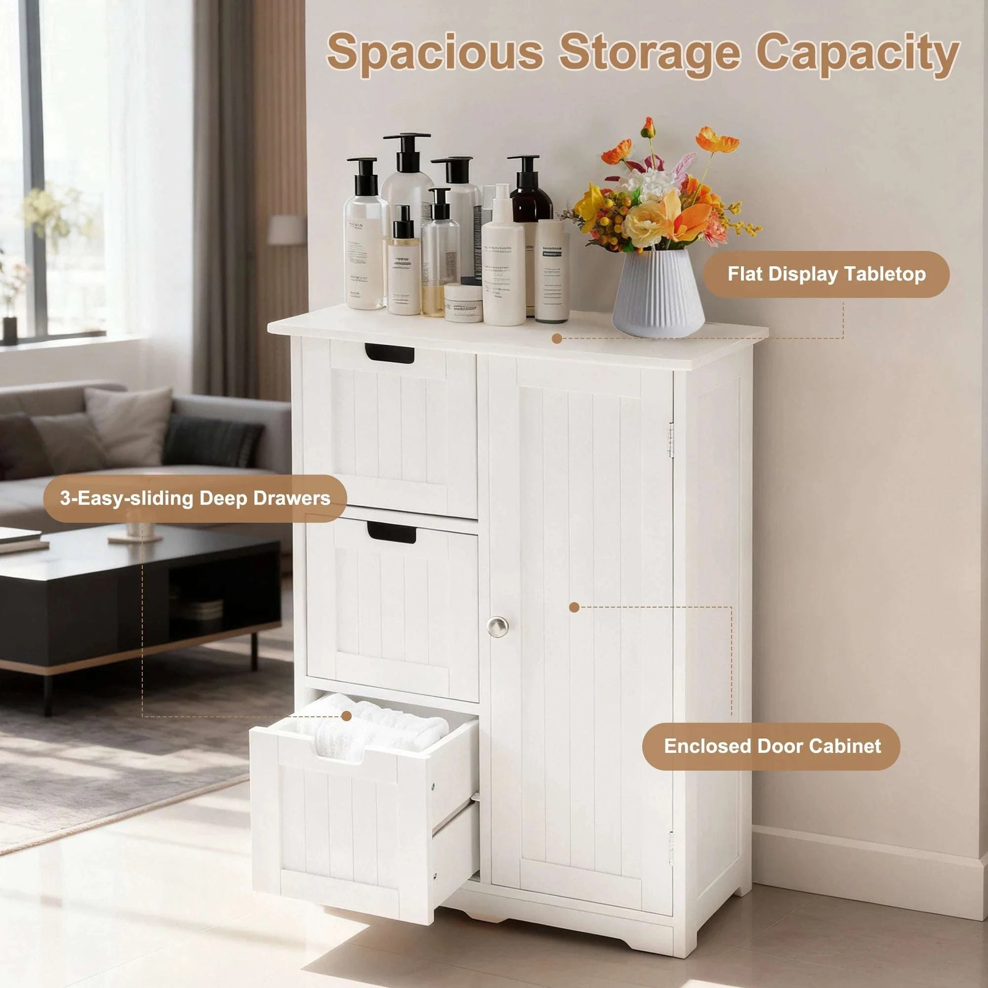 Wooden Storage Cabinet with Drawers and Cupboard for Home Organization-Ivory / United States