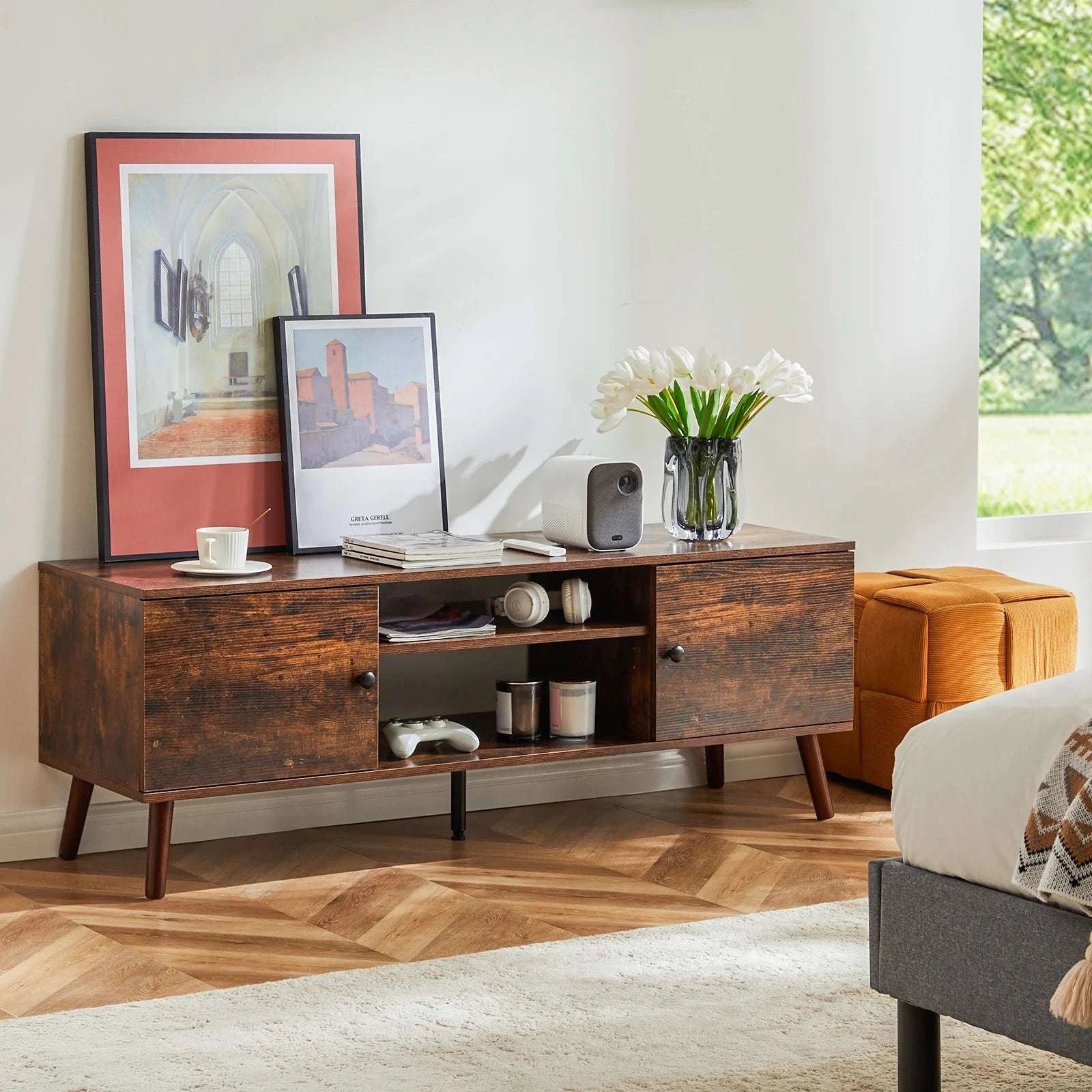 Wooden TV Stand with Storage for Up to 60 Inch TVs-Brown / United States