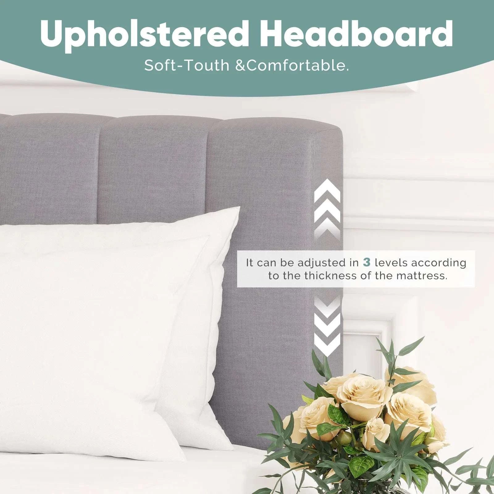 Wooden Upholstered Bed Frame with Adjustable Headboard, No Box Spring-Full / United States