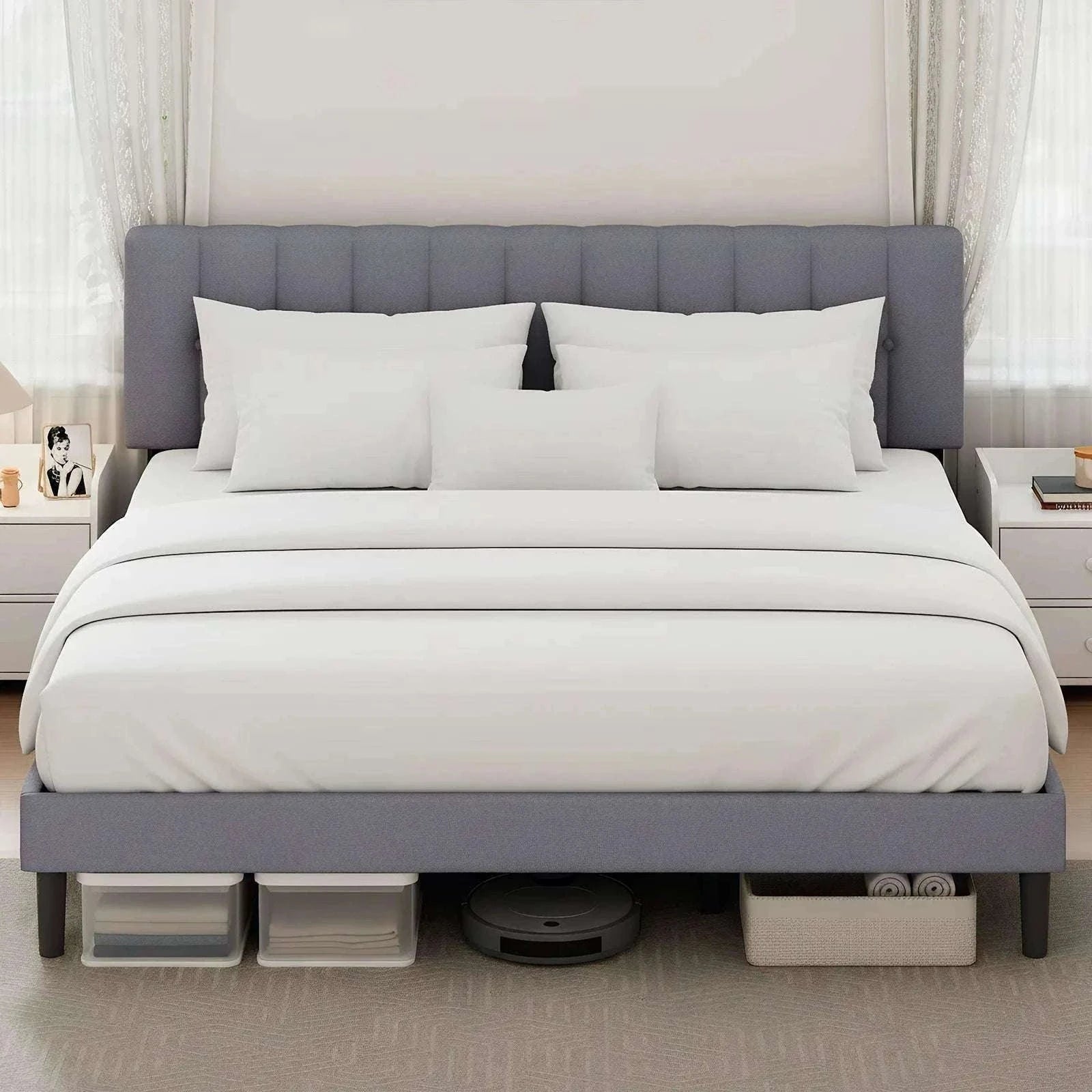 Wooden Upholstered Bed Frame with Adjustable Headboard, No Box Spring-Full / United States