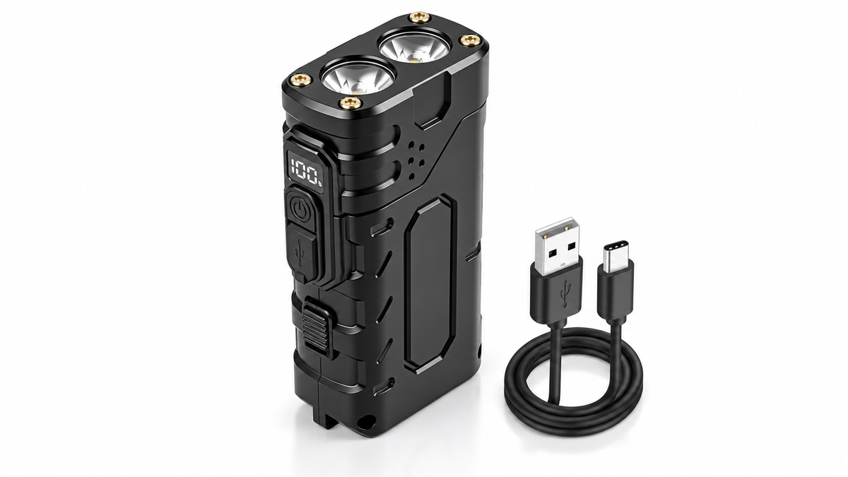 Rechargeable dual LED work flashlight on white background
