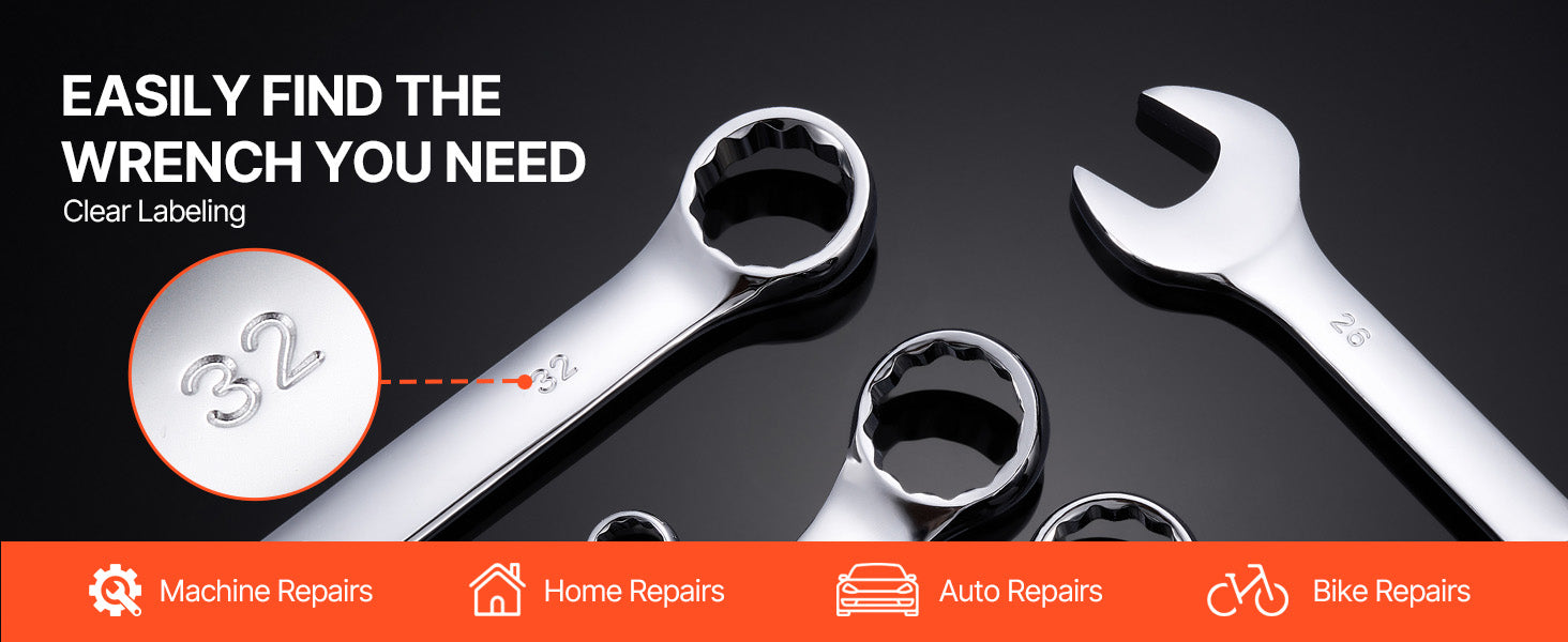 25-Piece Combination Wrench Set with Roll-Up Pouch, Metric 6 mm to 32 mm, Carbon Steel