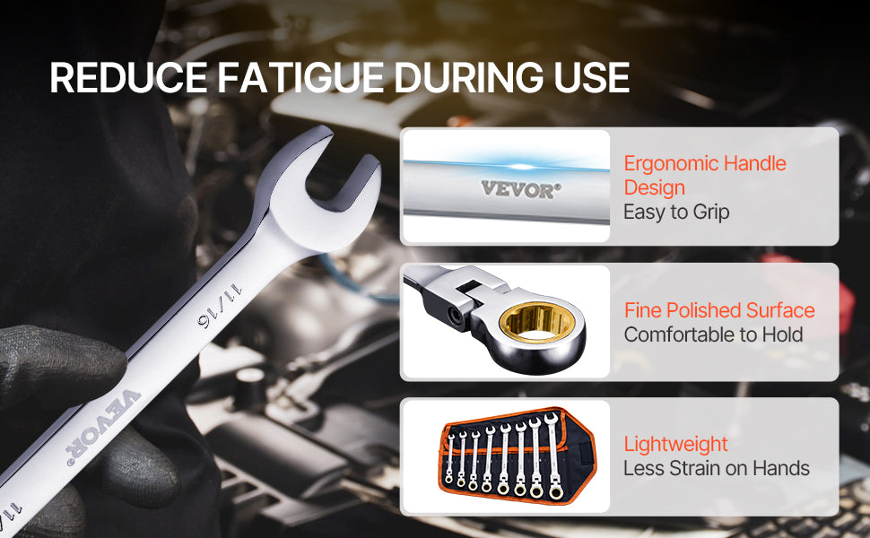 SucceBuy Flex-Head Ratcheting Wrench Set 8PCs Combination Wrench Set Roll-up Pouch Cr-V Steel Flexible Ratcheting Wrench Set