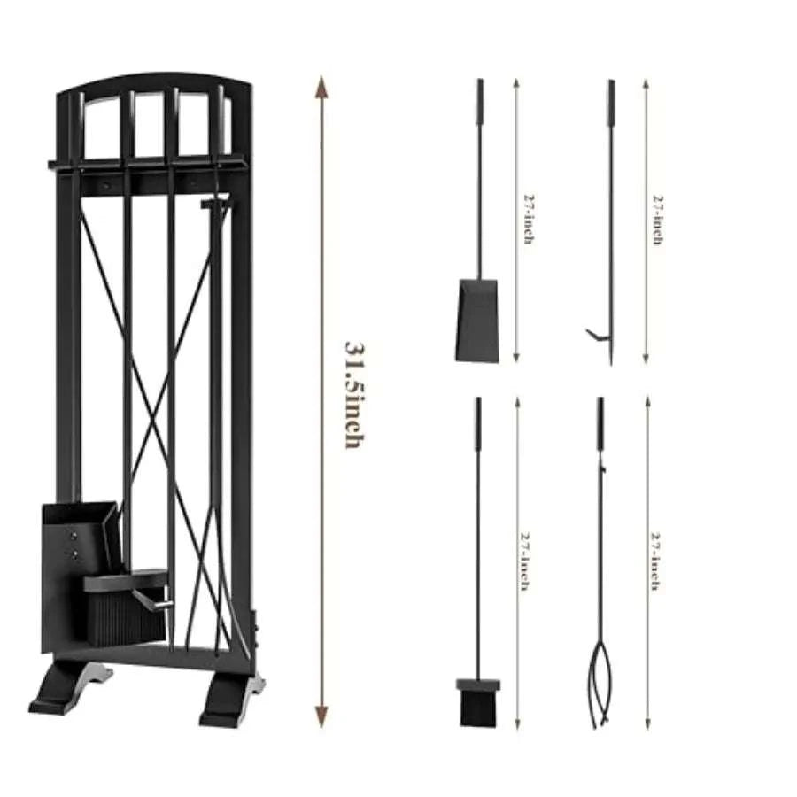 Wrought Iron Fireplace Tool Set with Poker, Tongs, Shovel & Broom-United States / aspic