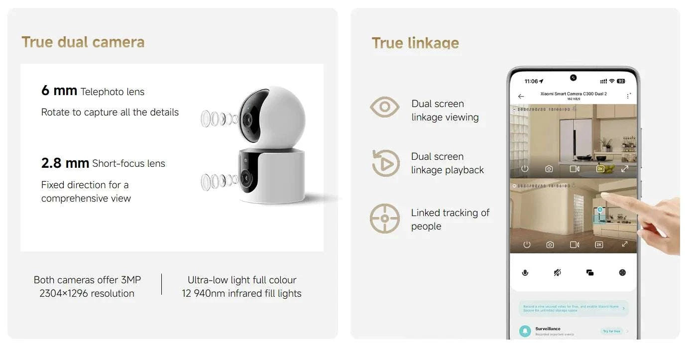 Xiaomi C300 Dual Lens Smart Camera 360° AI WiFi 6 Home Security-Add UK Adapter