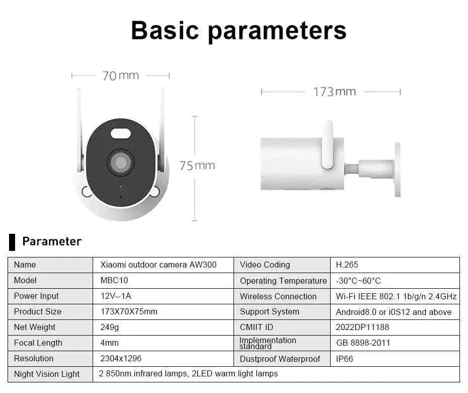 Xiaomi Outdoor Camera AW300 2K WiFi Security Cam Night Vision IP66-Chinese Version / US Plug