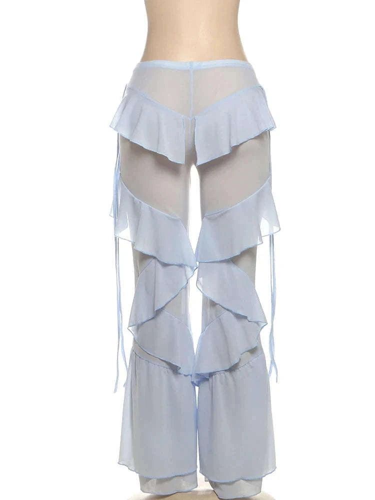 Y2K Patchwork Sheer Flare Pants Women Low Rise Stretch Trousers-Blue / S