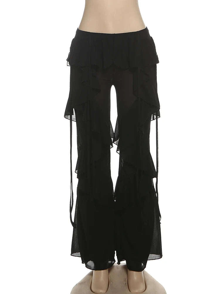 Y2K Patchwork Sheer Flare Pants Women Low Rise Stretch Trousers-Blue / S