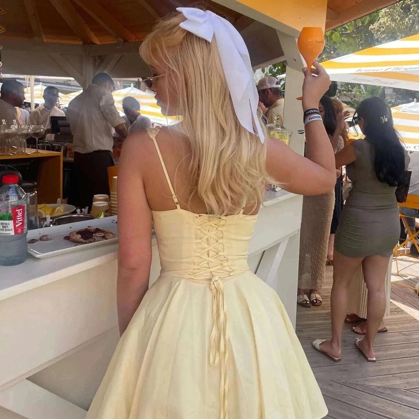 Yellow A-Line Dress with Lace-Up Detail and Mini Length-Yellow / XS