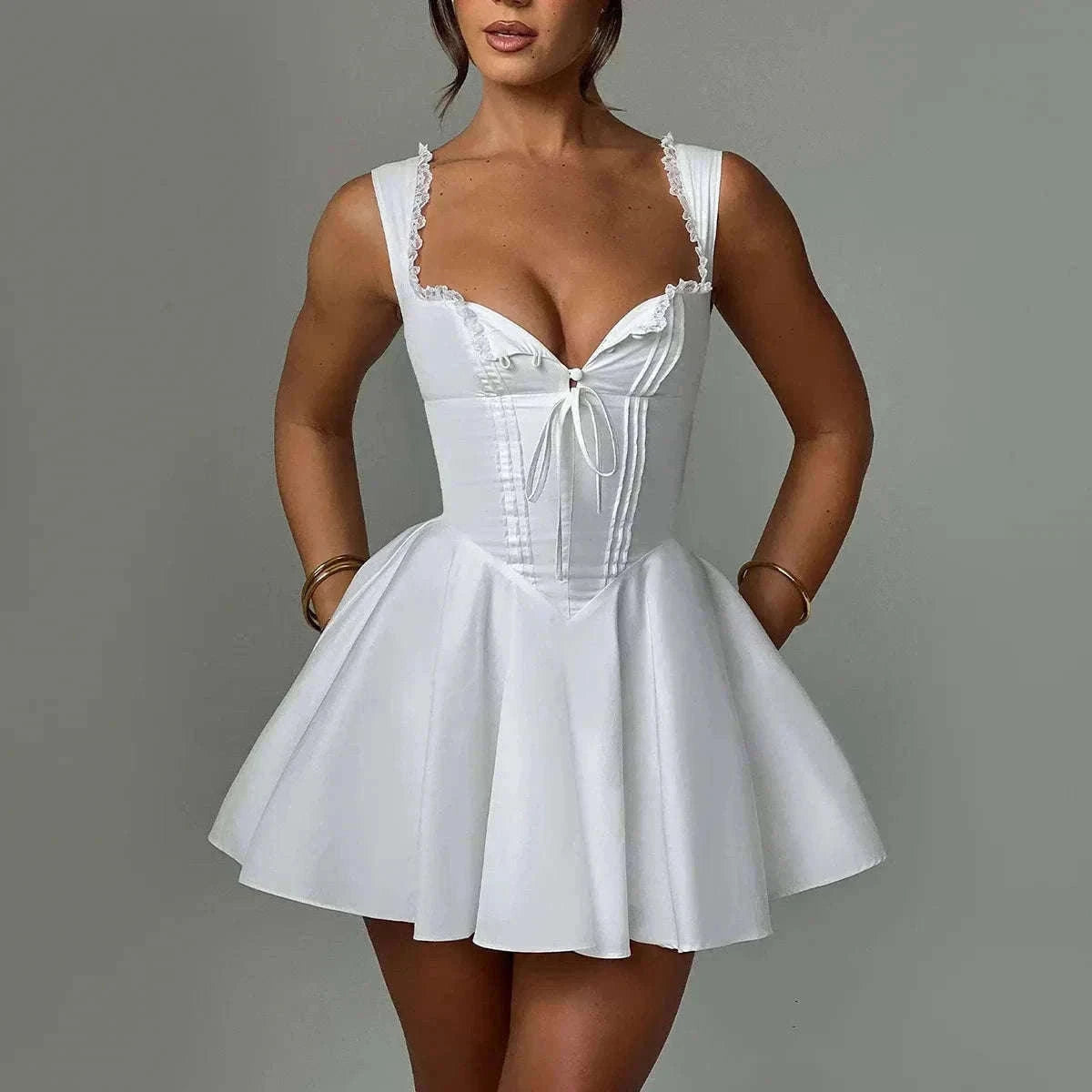 Yellow A-Line Dress with Lace-Up Detail and Mini Length-Yellow / XS