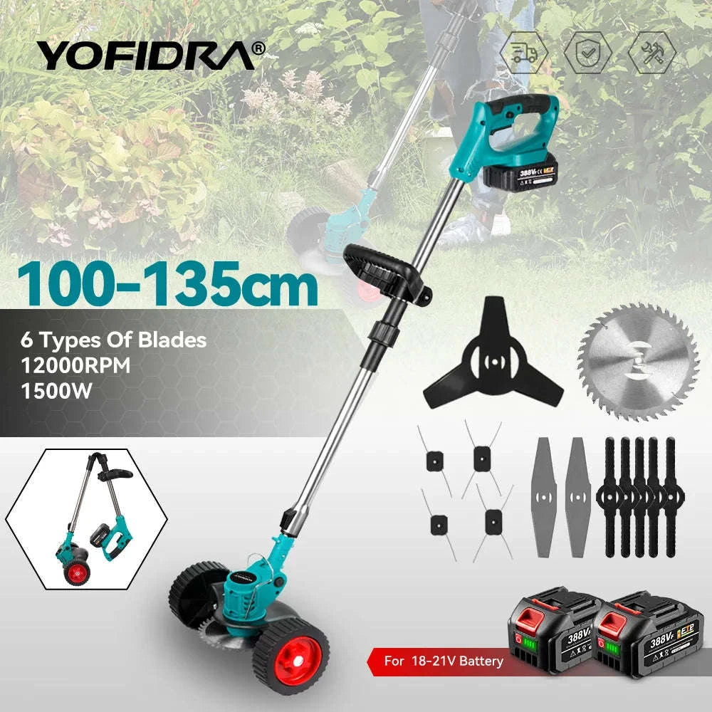 YOFIDRA 100-135cm Electric Lawn Mower 1500W Cordless Foldable Trimmer Pruning Cutting Garden Power Tool For Makita Battery Pin-GERMANY / Without Battery-a