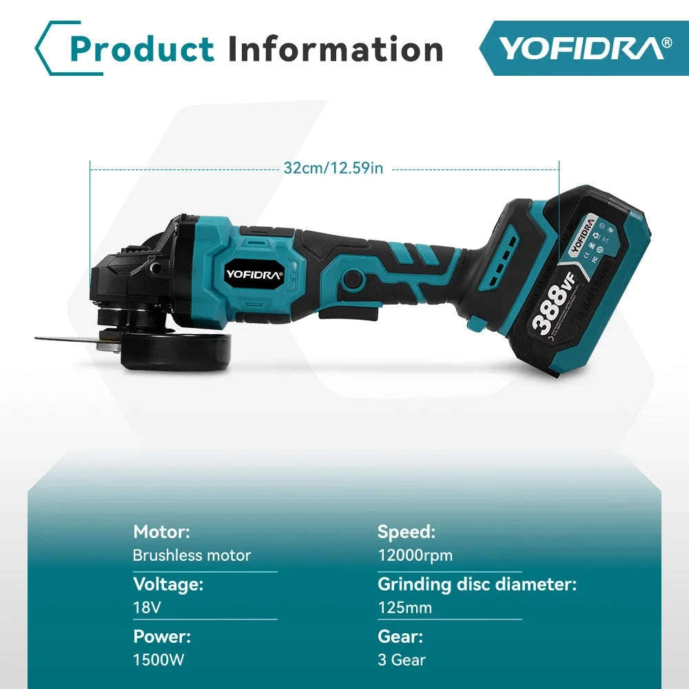YOFIDRA 125mm Brushless Angle Grinder 2000W Cordless Power Tool-Without Battery / GERMANY / EU