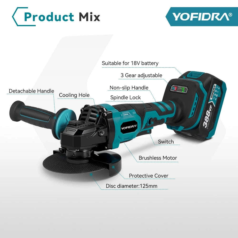 YOFIDRA 125mm Brushless Angle Grinder 2000W Cordless Power Tool-Without Battery / GERMANY / EU