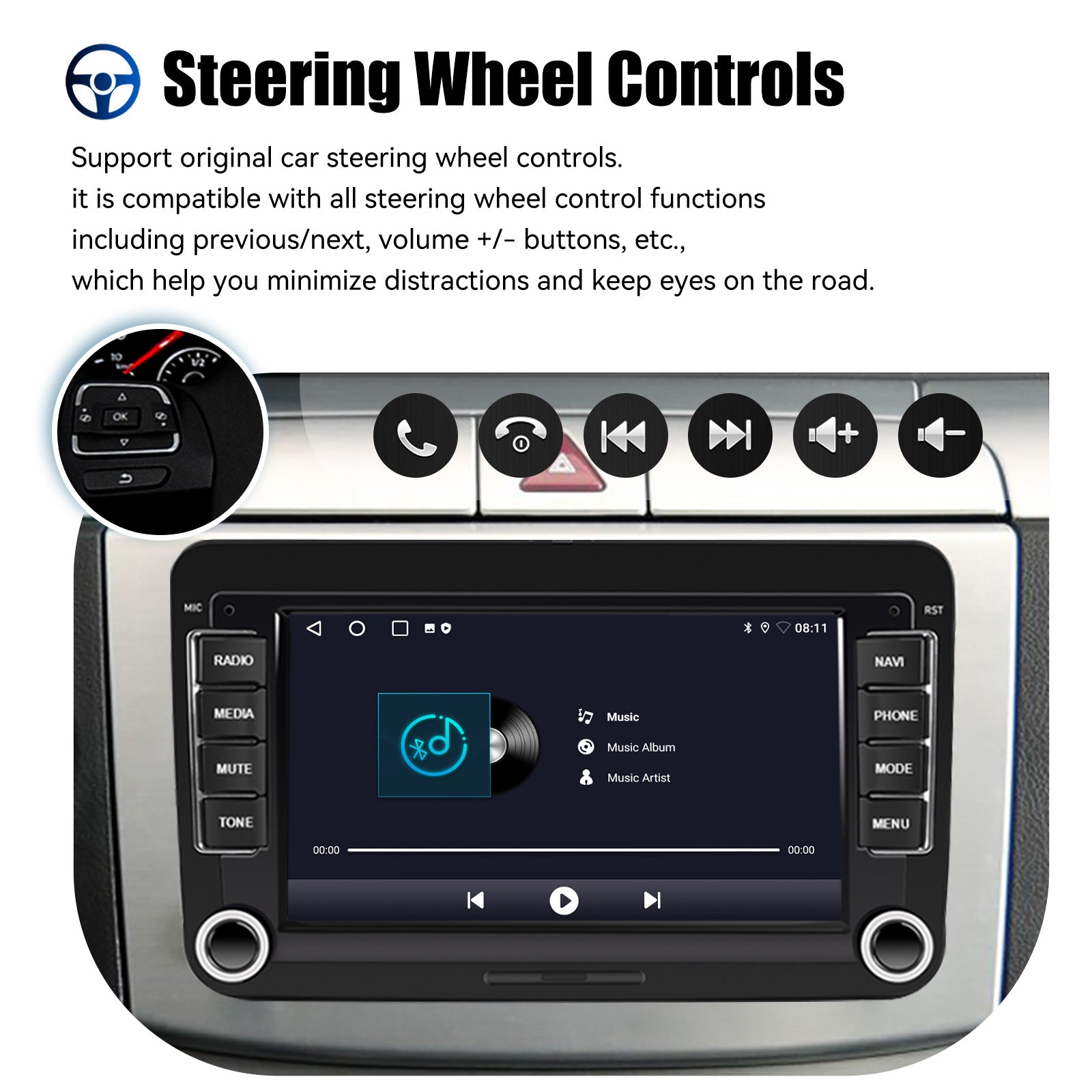 7" Android 14 Car Stereo for VW with CarPlay, GPS & Voice AI