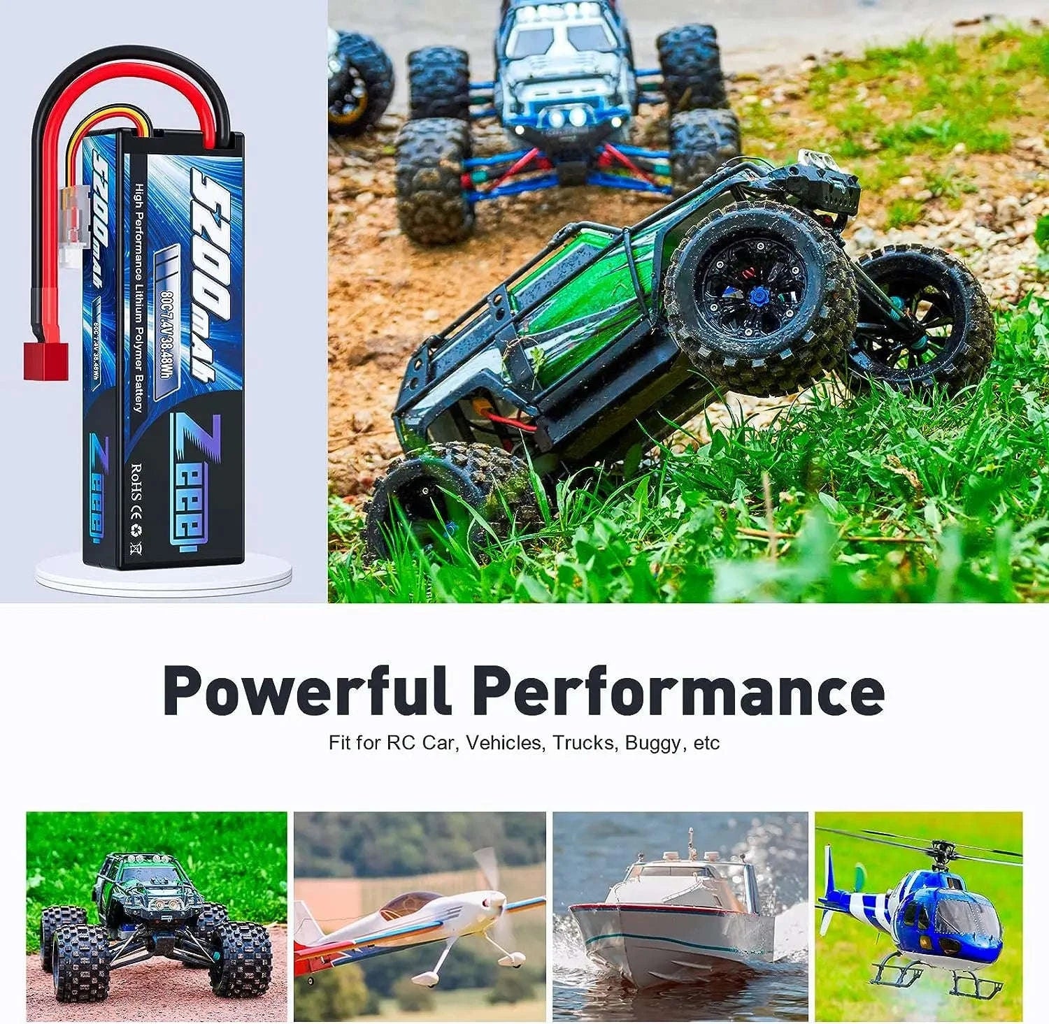 Zeee 2S 5200mAh 80C RC LiPo Battery with Multiple Plug Options-2 pcs T / GERMANY