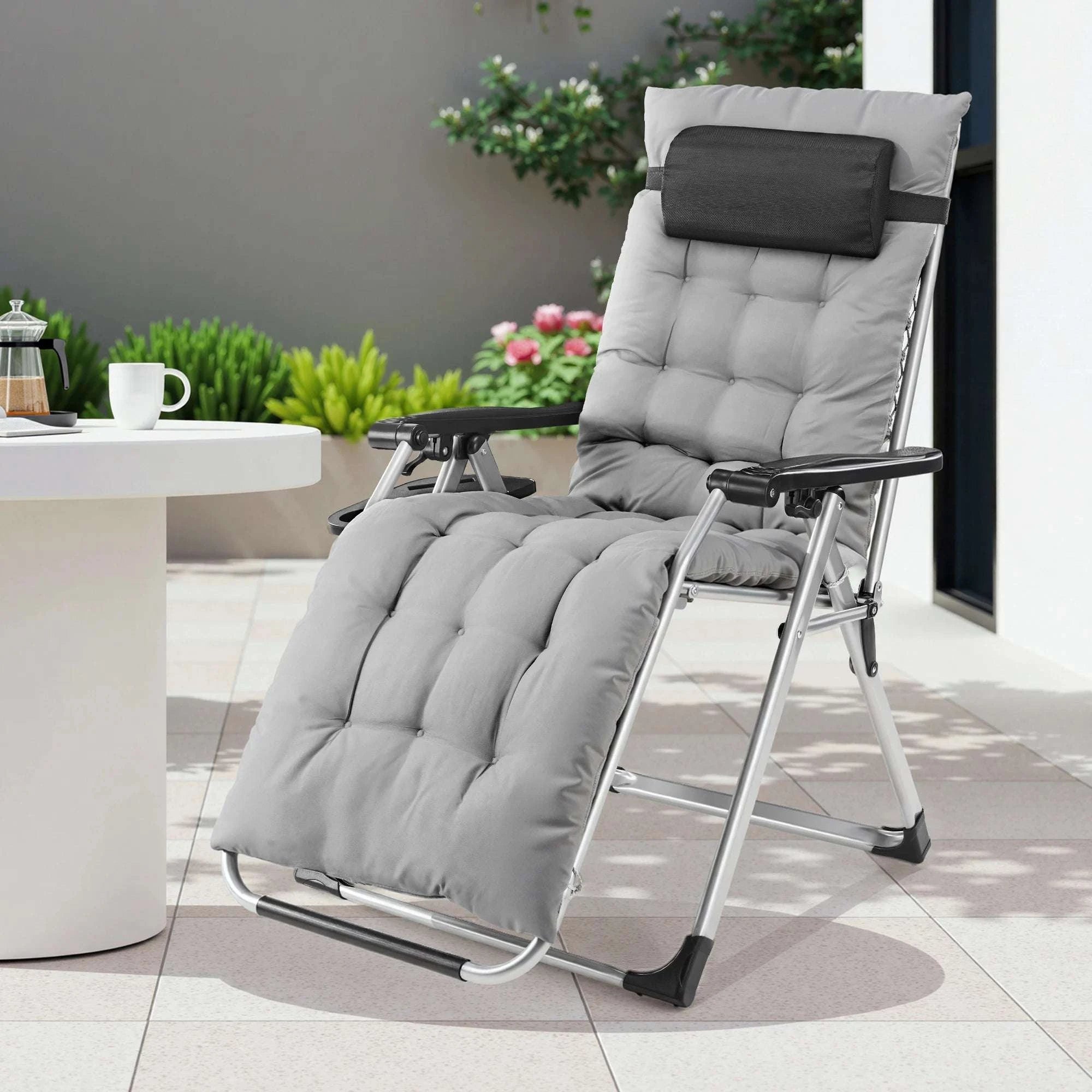 Zero Gravity Recliner Outdoor Lounge Chair with Cup Holder & Cushion-LIGHT GRAY / United States