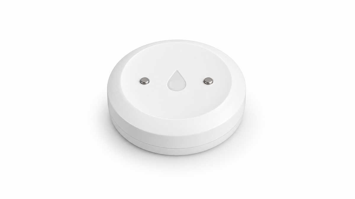 Round Zigbee water leak sensor on white background