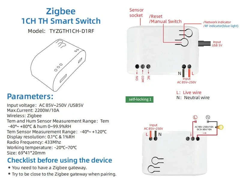 Zigbee Smart Switch with Temperature & Humidity Sensor Control-Input 85-250V / Temperature Switch / Russian Federation