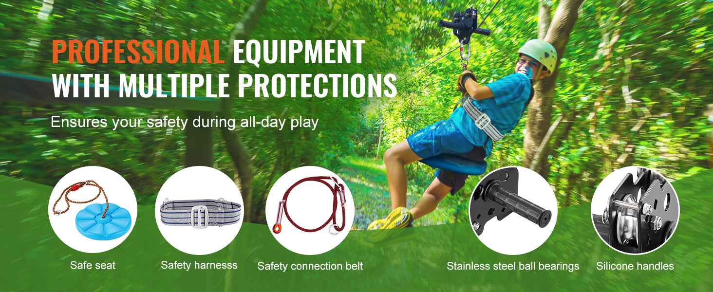 Backyard Zipline Kit 60–120FT with Safety Seat & Harness System