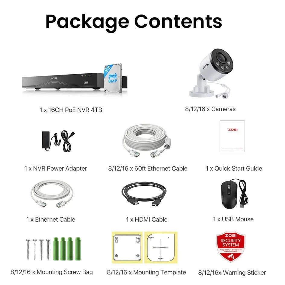 ZOSI 16CH 4K PoE CCTV System with 4TB HDD and 8MP Cameras-12PCS 8MP Cam 4TB / Australia