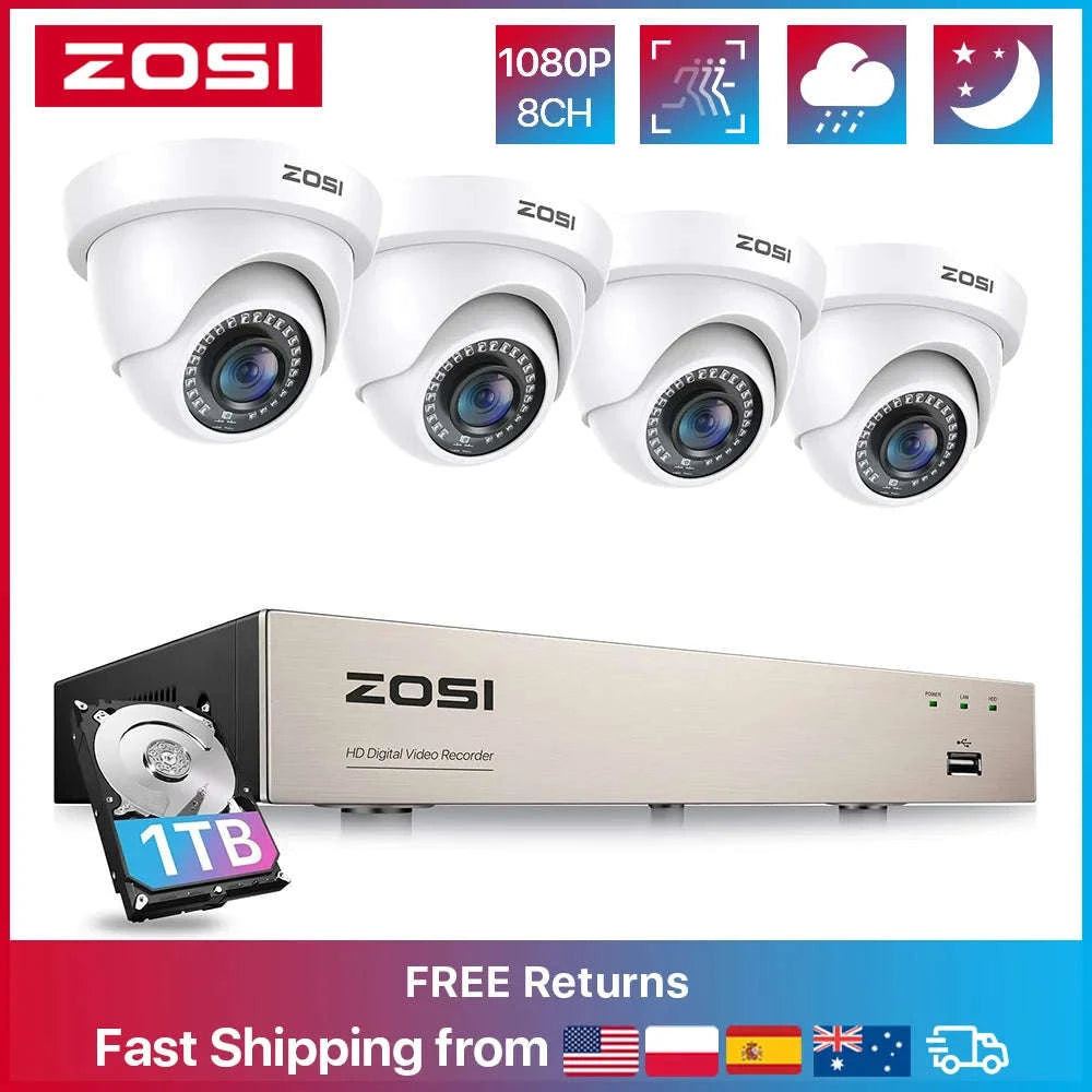 ZOSI 8CH 1080P Wired Security Camera System, 4-Camera Kit-4PCS Cam / 2T / spain