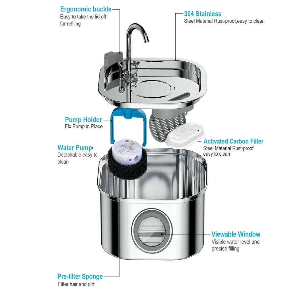 ZYFeeder 2.2L Automatic Cat Water Fountain – Stainless Steel Pet Water Dispenser-2.2L-4Filters / L / 2L|China Mainland