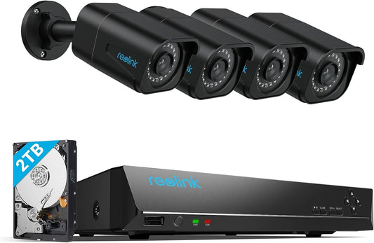 Reolink 8-kanalni komplet 4K Sistem varnostnih kamer s 4 PoE IP kamerami, 2TB HDD NVR, zaznavanje oseb in vozil, IP66 odporen na vremenske vplive, RLK8-800B4-A