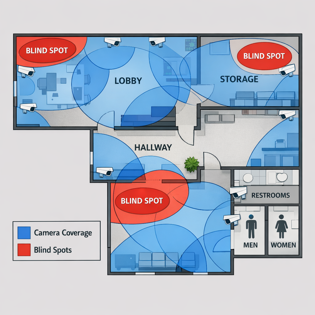 Surveillance Blind Spots, Business Security Cameras, CCTV Coverage: Securing Entrances, Loading Areas, Hallways, and Inventory Zones