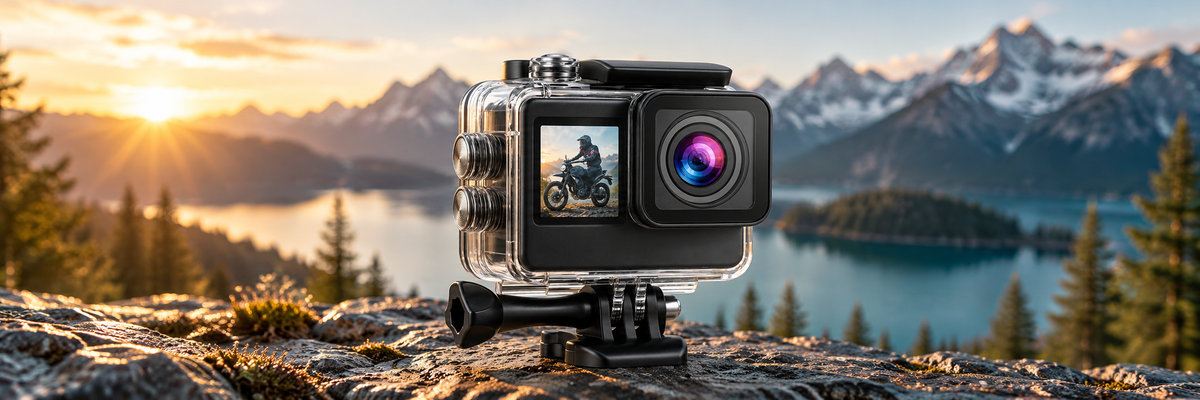 Action camera in a clear protective housing outdoors