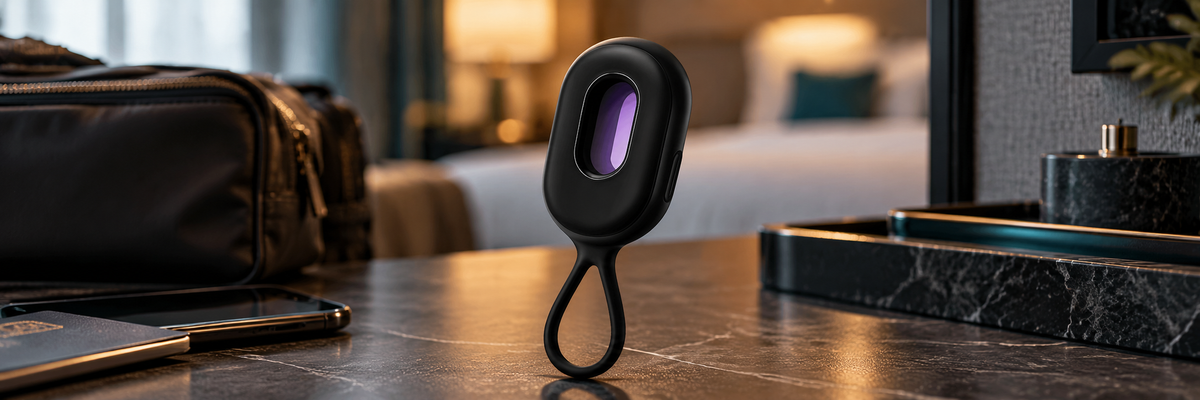 Handheld hidden camera detector on a hotel desk