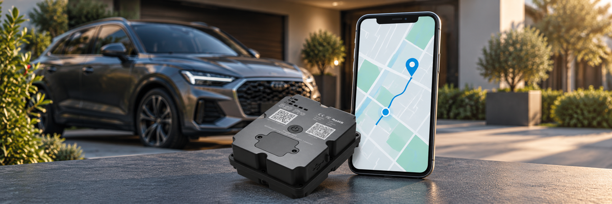 GPS vehicle tracker beside a phone displaying an illustrative map, with a car in the background