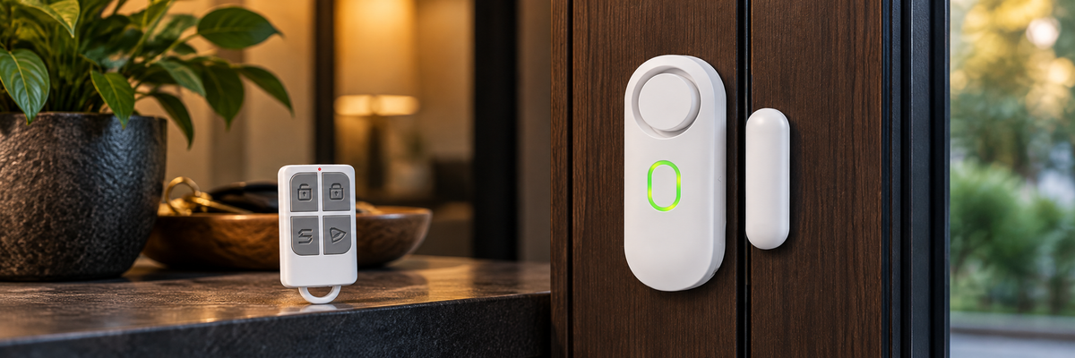 Wireless door alarm with magnetic contact and remote