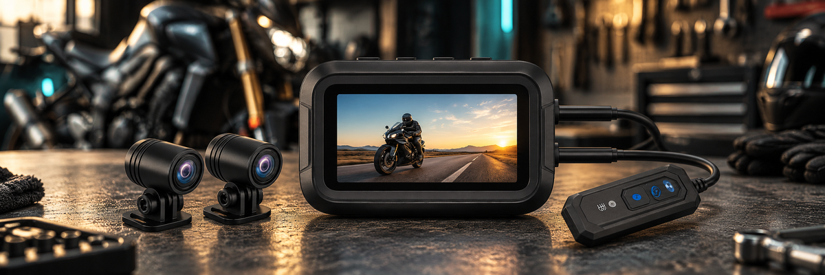 Motorcycle dash camera kit on a garage workbench