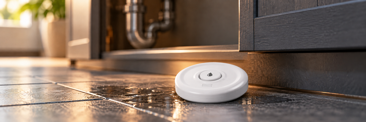 Water leak detector on a kitchen floor