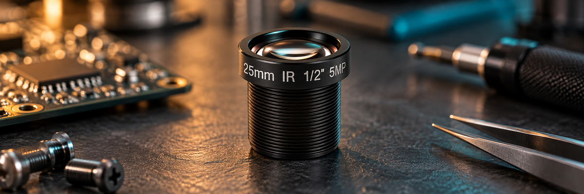 CCTV board lens on an electronics workbench