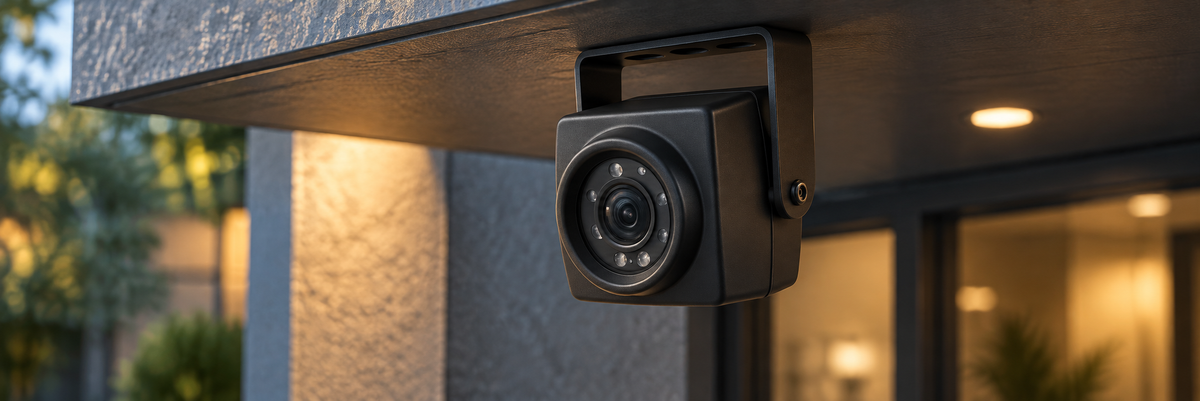 Compact PoE surveillance camera mounted at a building entrance